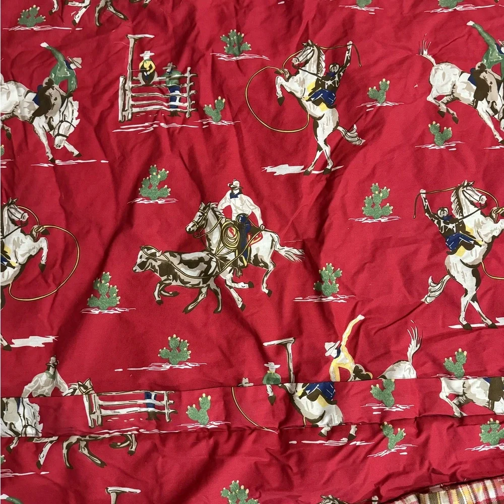 Vintage Red Cowboy Horses Rodeo Print comforter blanket Plaid Sided